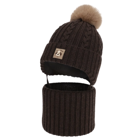 Czapka i komin dla chłopca, zimowy komplet, brązowy, 100% wełniany merino, podszyty bawełną, wiązany Virano-2