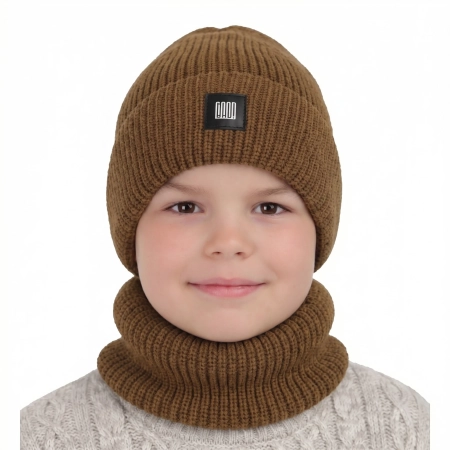 Czapka i komin dla chłopca zimowy komplet, camel, Amadeo-1