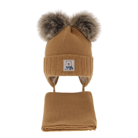 Czapka i szalik dla chłopca zimowy komplet, camel, z dwoma pomponami Jewel-2
