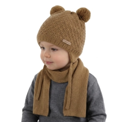 Czapka i szalik dla chłopca zimowy komplet, camel, z dwoma pomponami, wiązany Franki-1