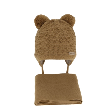 Czapka i szalik dla chłopca zimowy komplet, camel, z dwoma pomponami, wiązany Franki-2