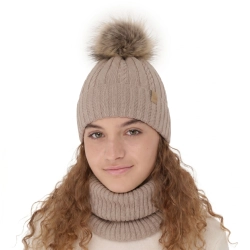 Czapka i komin dla dziewczynki zimowy komplet, beżowy, wełniany merino Mirabel-1