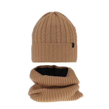 Czapka i komin dla chłopca zimowy komplet, camel, z wełną merino, podszyty polarem Kairo-2