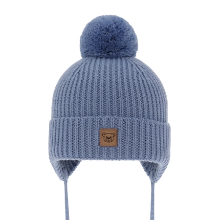 Czapka zimowa dla chłopca, niebieska, 100% wełniana merino, podszyta wełnianym polarem, wiązana Tofik-1