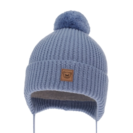 Czapka zimowa dla chłopca, niebieska, 100% wełniana merino, podszyta wełnianym polarem, wiązana Tofik-2