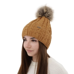 Czapka zimowa damska, camel, z pomponem Omega-1