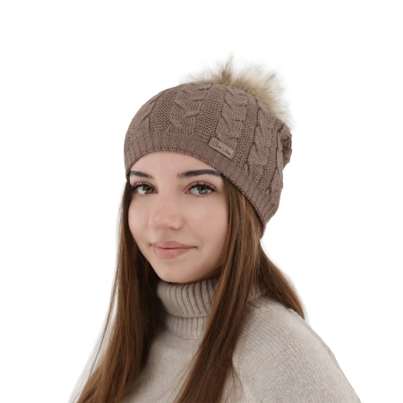Czapka zimowa damska, ciemnobeżowa, z wełną merino Bafi-1