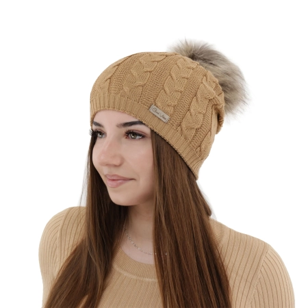 Czapka zimowa damska, camel, z wełną merino Bafi-1