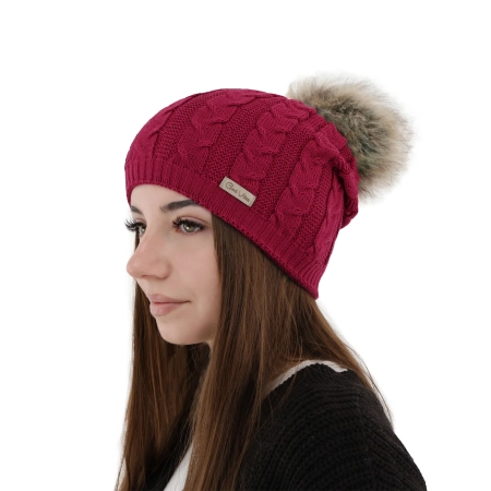 Czapka zimowa damska, różowa, z wełną merino Bafi-1