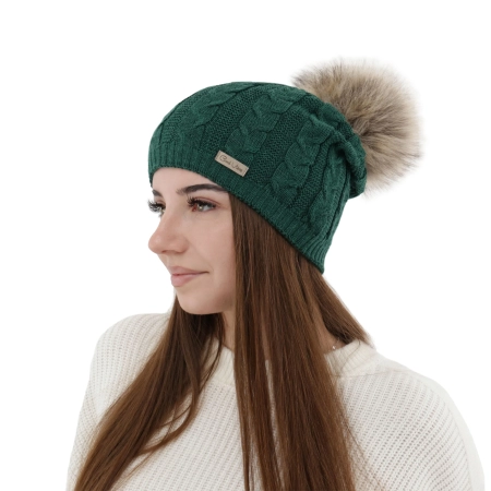 Czapka zimowa damska, zielona, z wełną merino Bafi-3