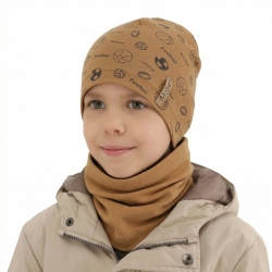 Czapka i komin dla chłopca jesienny, wiosenny komplet, camel, bawełniany Paolo-1