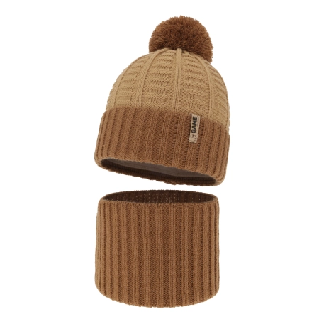 Czapka i komin dla chłopca zimowy komplet, camel, z pomponem Leo-2