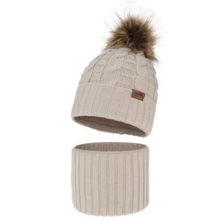 Czapka i komin dla chłopca zimowy komplet, beżowy, z pomponem Cent-2