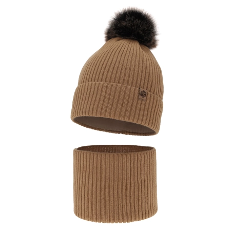 Czapka i komin dla chłopca zimowy komplet, camel, z pomponem Wizar-3