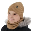 Czapka i komin dla chłopca zimowy komplet, camel, wełniany merino, podszyty polarem Gecko-1