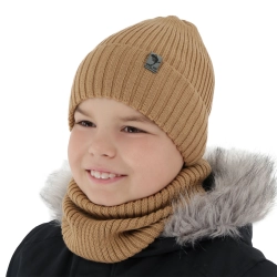 Czapka i komin dla chłopca zimowy komplet, camel, wełniany merino, podszyty polarem Gecko-1