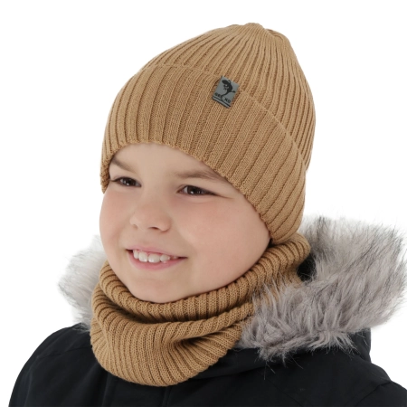 Czapka i komin dla chłopca zimowy komplet, camel, wełniany merino, podszyty polarem Gecko-1