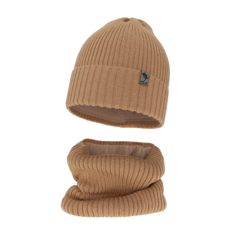 Czapka i komin dla chłopca zimowy komplet, camel, wełniany merino, podszyty polarem Gecko-2