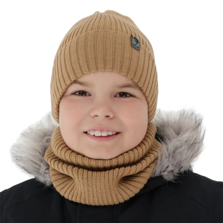 Czapka i komin dla chłopca zimowy komplet, camel, wełniany merino, podszyty polarem Gecko-3