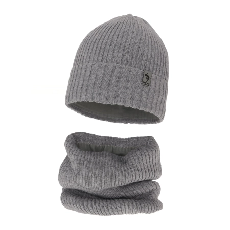 Czapka i komin dla chłopca zimowy komplet, jasnoszary, wełniany merino Gecko-2