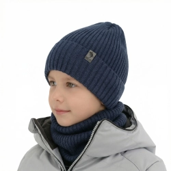 Czapka i komin dla chłopca zimowy komplet, niebieski, wełniany merino Gecko-1
