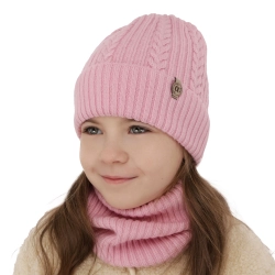 Czapka i komin dla dziewczynki zimowy komplet, różowy, 100% wełniany merino Jenny-1