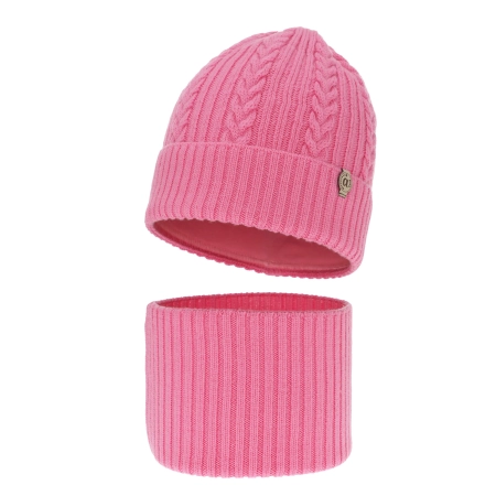 Czapka i komin dla dziewczynki zimowy komplet, różowy, 100% wełniany merino Jenny-1