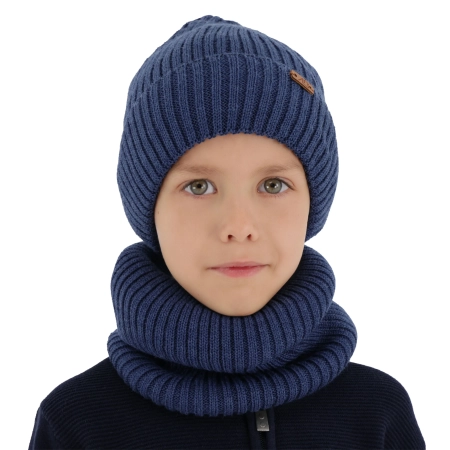 Czapka i komin dla chłopca zimowy komplet, granatowy, z wełną merino Palermo-1