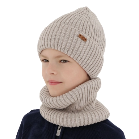 Czapka i komin dla chłopca zimowy komplet, beżowy,  z wełną merino Palermo-1