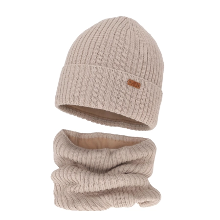 Czapka i komin dla chłopca zimowy komplet, beżowy,  z wełną merino Palermo-2