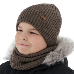 Czapka i komin dla chłopca zimowy komplet, brązowy,  z wełną merino, podszyty polarem Palermo-1