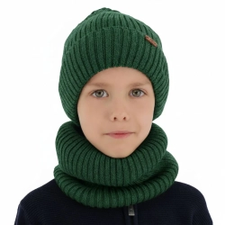Czapka i komin dla chłopca zimowy komplet, zielony, z wełną merino, podszyty polarem Palermo-1