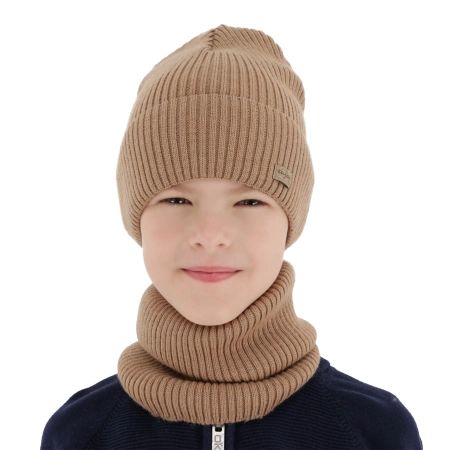 Czapka i komin dla chłopca jesienny, wiosenny komplet, camel, 100% wełniany merino Intro-1