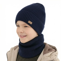 Czapka i komin dla chłopca jesienny, wiosenny komplet, granatowy, 100% wełniany merino Intro-1