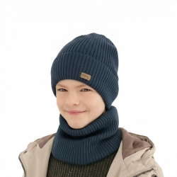 Czapka i komin dla chłopca jesienny, wiosenny komplet, niebieski, 100% wełniany merino Intro-1
