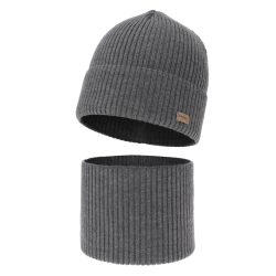 Czapka i komin dla chłopca jesienny, wiosenny komplet, szary, 100% wełniany merino Intro-1