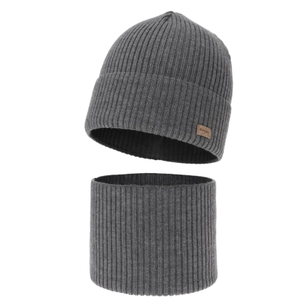 Czapka i komin dla chłopca jesienny, wiosenny komplet, szary, 100% wełniany merino Intro-1