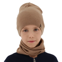 Czapka i komin dla chłopca jesienny, wiosenny komplet, camel, 100% wełniany merino Richi-1