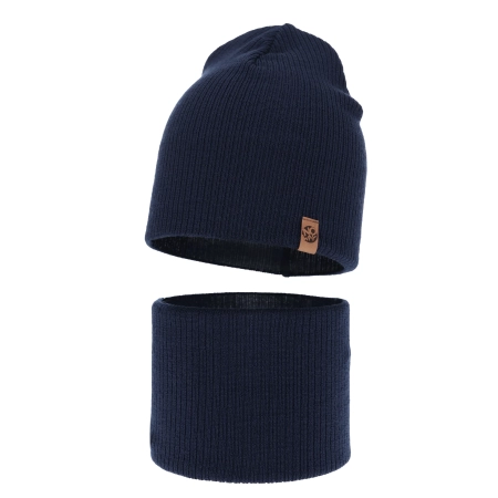 Czapka i komin dla chłopca jesienny, wiosenny komplet, granatowy, 100% wełniany merino Richi-2