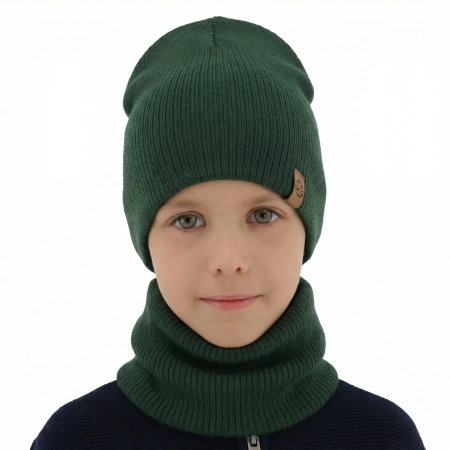 Czapka i komin dla chłopca jesienny, wiosenny komplet, zielony, 100% wełniany merino Richi-1