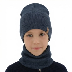 Czapka i komin dla chłopca jesienny, wiosenny komplet, niebieski, 100% wełniany merino Richi-1