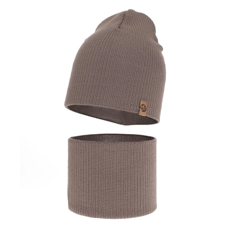 Czapka i komin dla chłopca jesienny, wiosenny komplet, ciemnobeżowy, 100% wełniany merino Richi-2