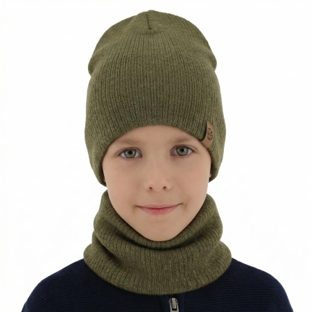 Czapka i komin dla chłopca jesienny, wiosenny komplet, khaki, 100% wełniany merino Richi-2