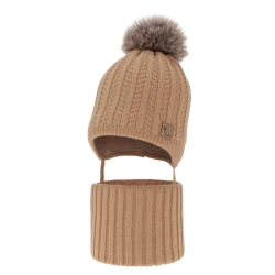 Czapka i komin dla chłopca zimowy komplet, camel, z pomponem Endo-1