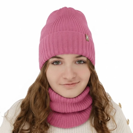 Czapka i komin dla dziewczynki zimowy komplet, różowy, z wełną merino, podszyty polarem Peggy-1
