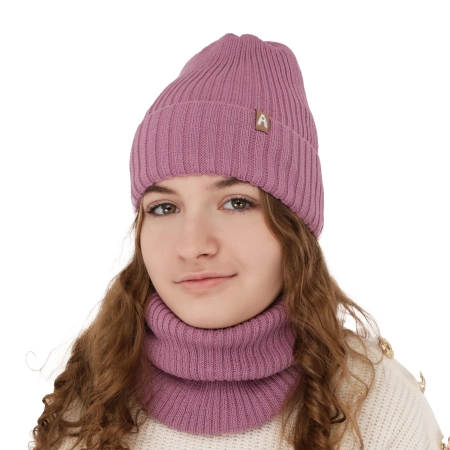 Czapka i komin dla dziewczynki zimowy komplet, różowy, z wełną merino, podszyty polarem Peggy-3