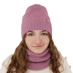 Czapka i komin dla dziewczynki zimowy komplet, fioletowy, z wełną merino, podszyty polarem Peggy-1