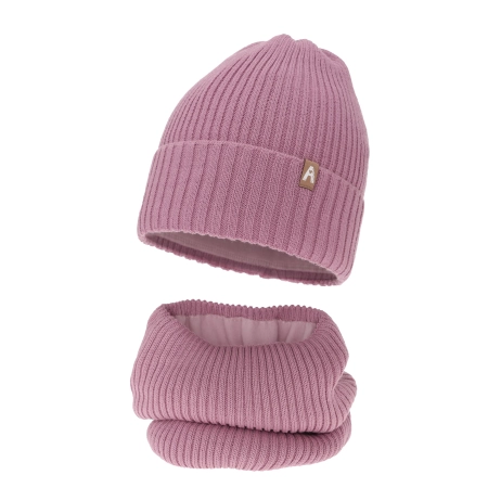 Czapka i komin dla dziewczynki zimowy komplet, fioletowy, z wełną merino, podszyty polarem Peggy-2