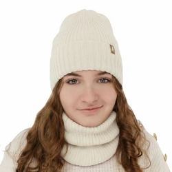 Czapka i komin dla dziewczynki zimowy komplet, kremowy, z wełną merino, podszyty polarem Peggy-1