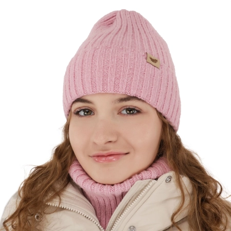 Czapka i komin dla dziewczynki zimowy komplet, jasnobeżowy, z wełną merino Karmina-4